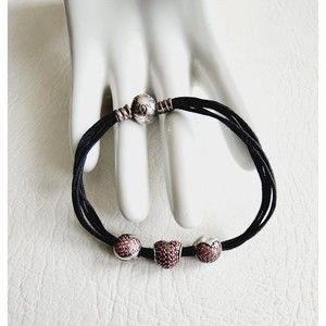 Pandora 925 Textile Multi String Bracelet  Pink Pave CZ Heart / 2 Heart Clips